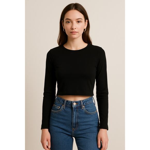 Minimalist Y2K Streetwear Black Long Sleeve Crop Top H&M Basic Women’s Medium - Picture 1 of 5